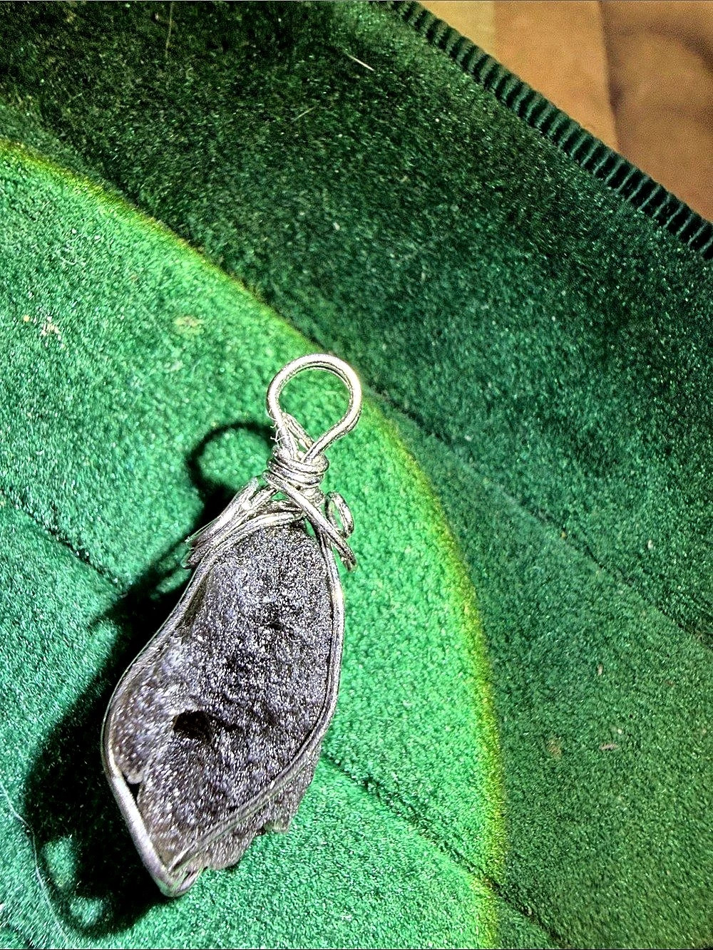 & Silver moldavite Stone Wire Wrapped Pendant